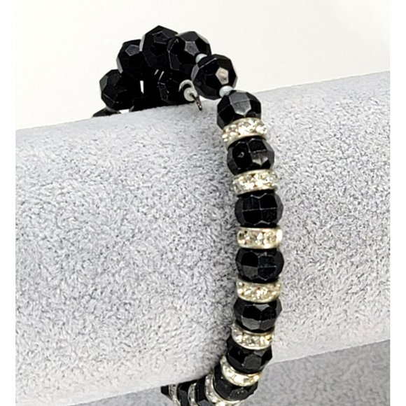 Black Glass Round Faceted Beaded Necklace and Bracelet Set Vintage Glam LI320 - Picture 8 of 9